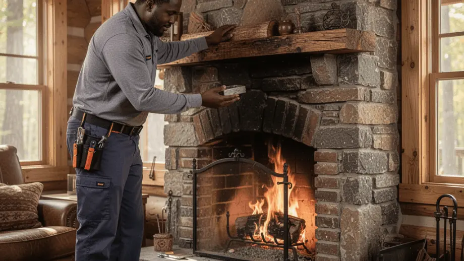 Fireplace company assessing fireplace