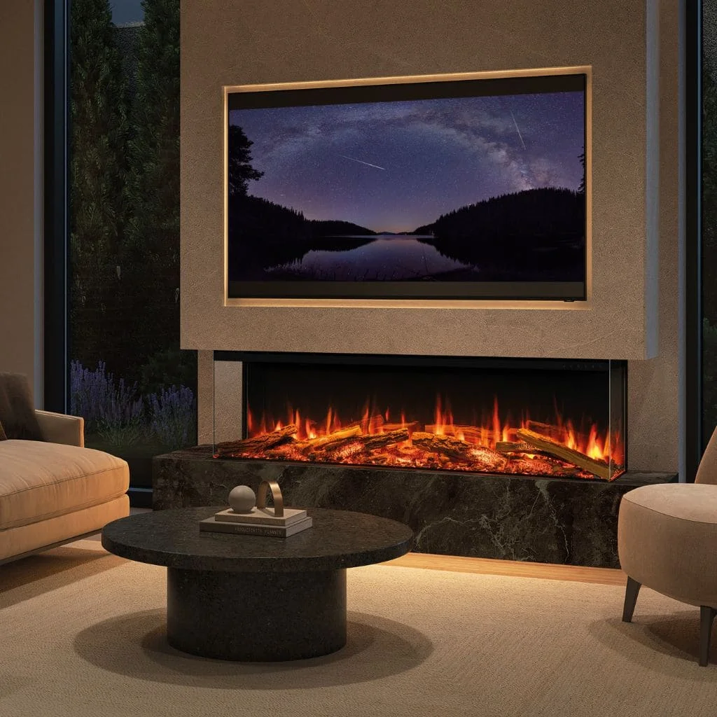 Multi view electric fireplace with the sides open