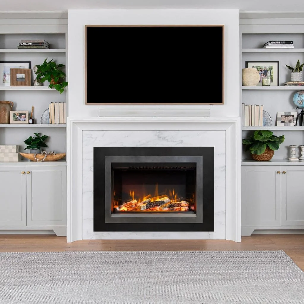 Electric Insert in the living room with custom cabinets for storage